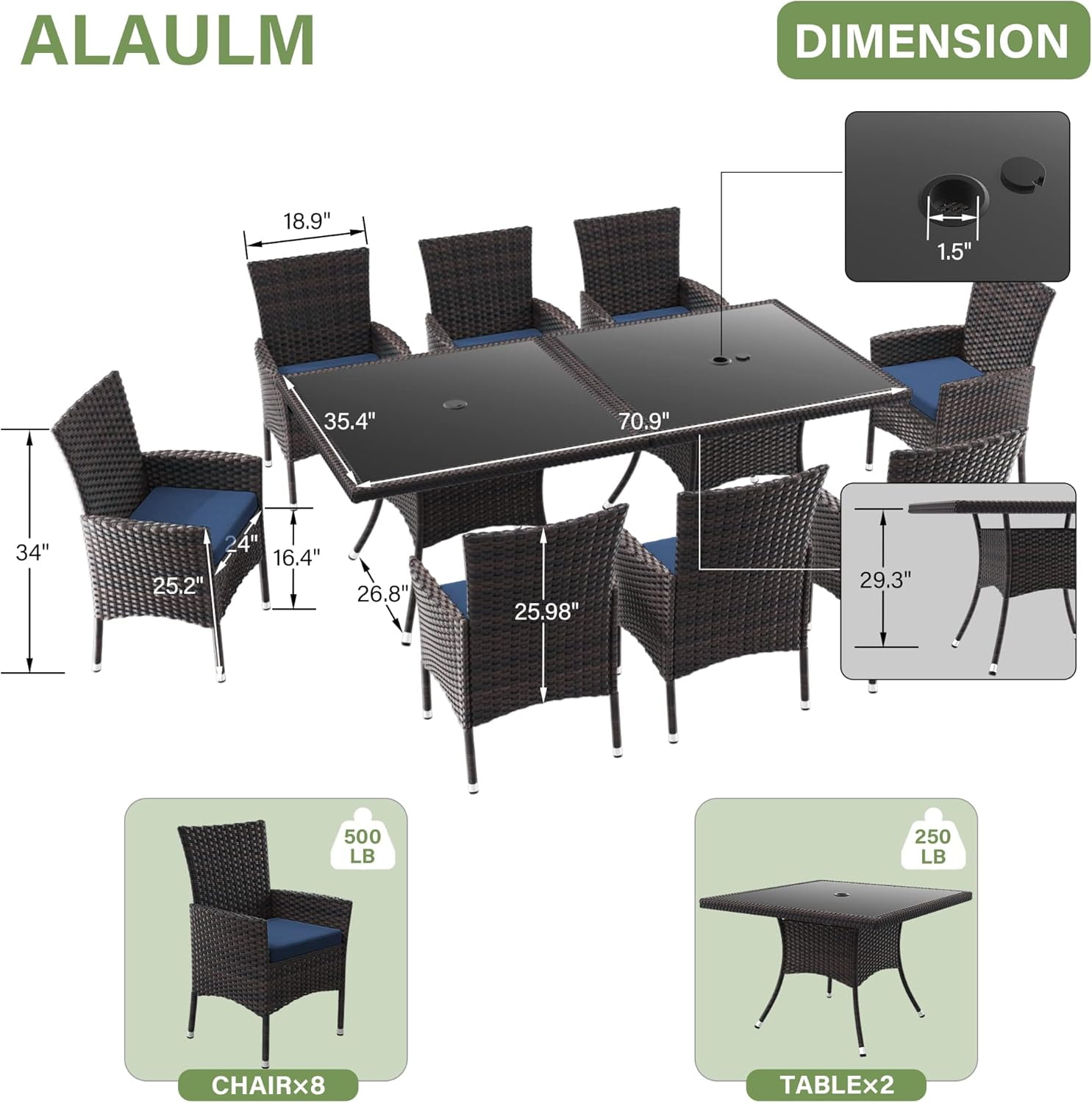 ALAULM 10 Piece Patio Dining Set All-Weather Wicker Outdoor Table and Chairs Set w/Tempered Glass Tabletop, Comfortable Cushions and Umbrella Hole for Patio, Backyard, Garden, Poolside -DarkBlue