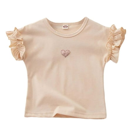 Sjldqy Toddler T-Shirts Ruffle Sleeve Heart Embroidered Crew Neck Casual Summer Dailywear Girls Tees Size 5-6 Years Beige