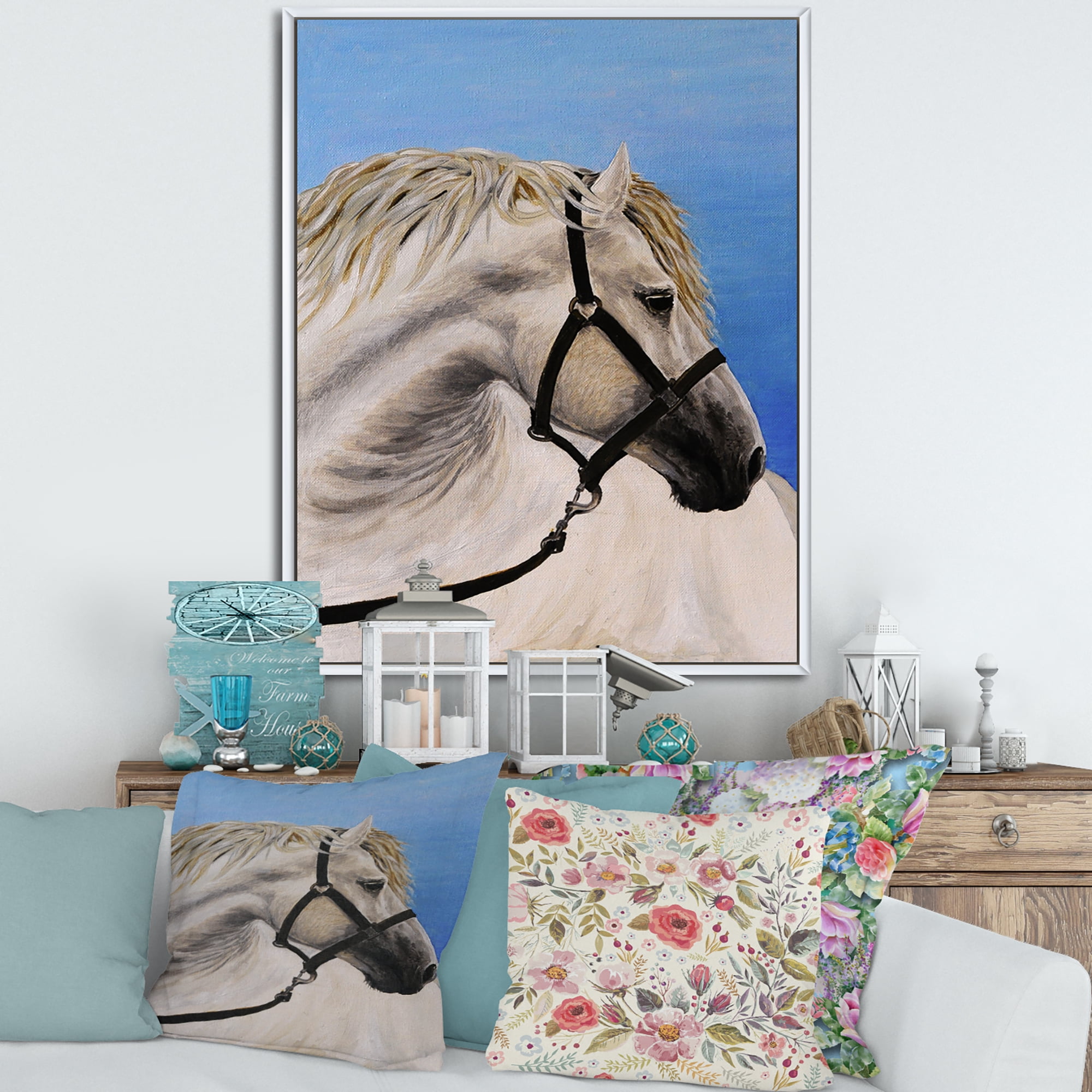 Designart 'Close Up Of White Horse In The Furrow' Farmhouse Framed Canvas Wall Art Print