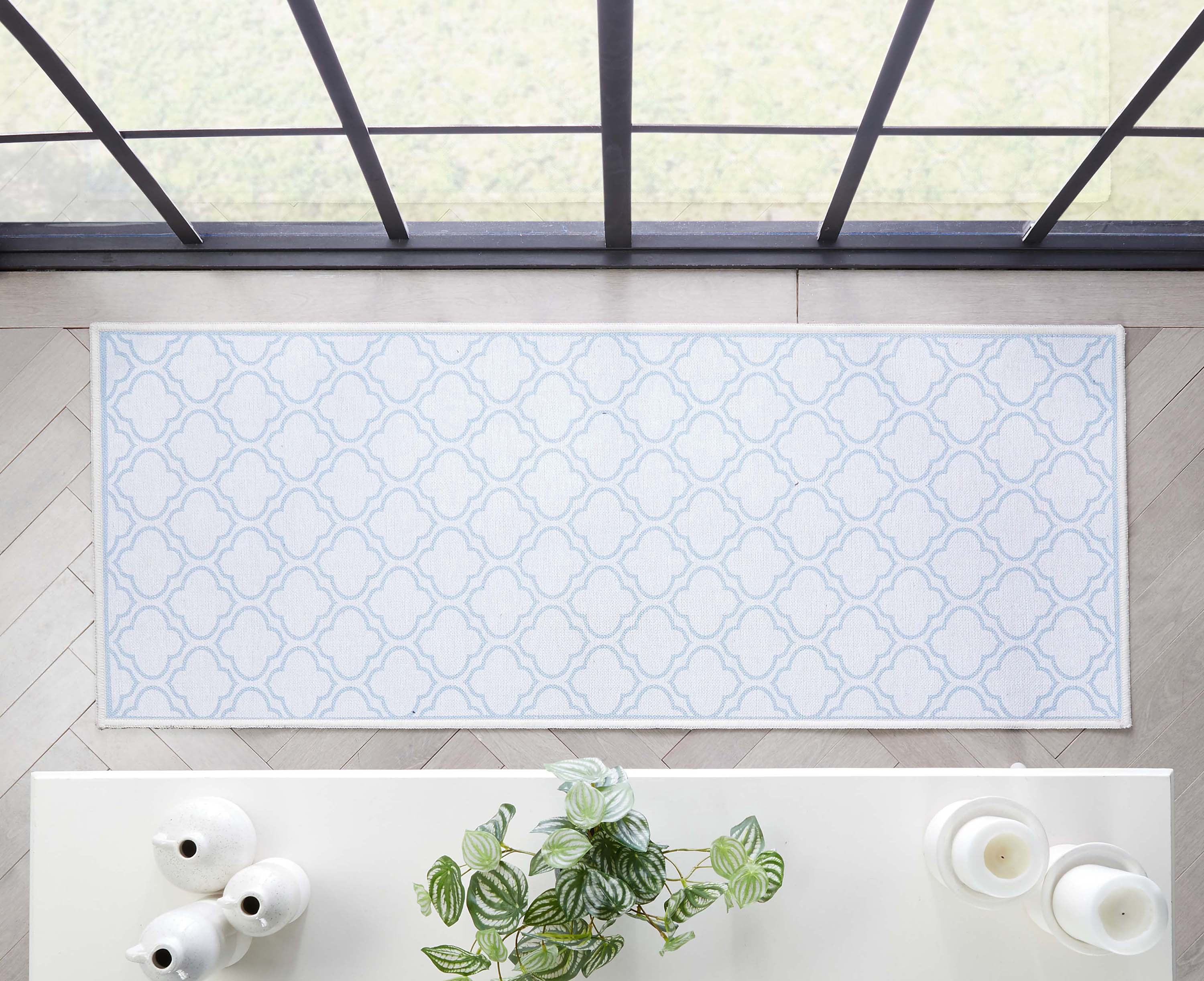 Well Woven Apollo Lattice Modern Moroccan Ivory Light Blue 2' x 5' Runner Machine Washable Rug