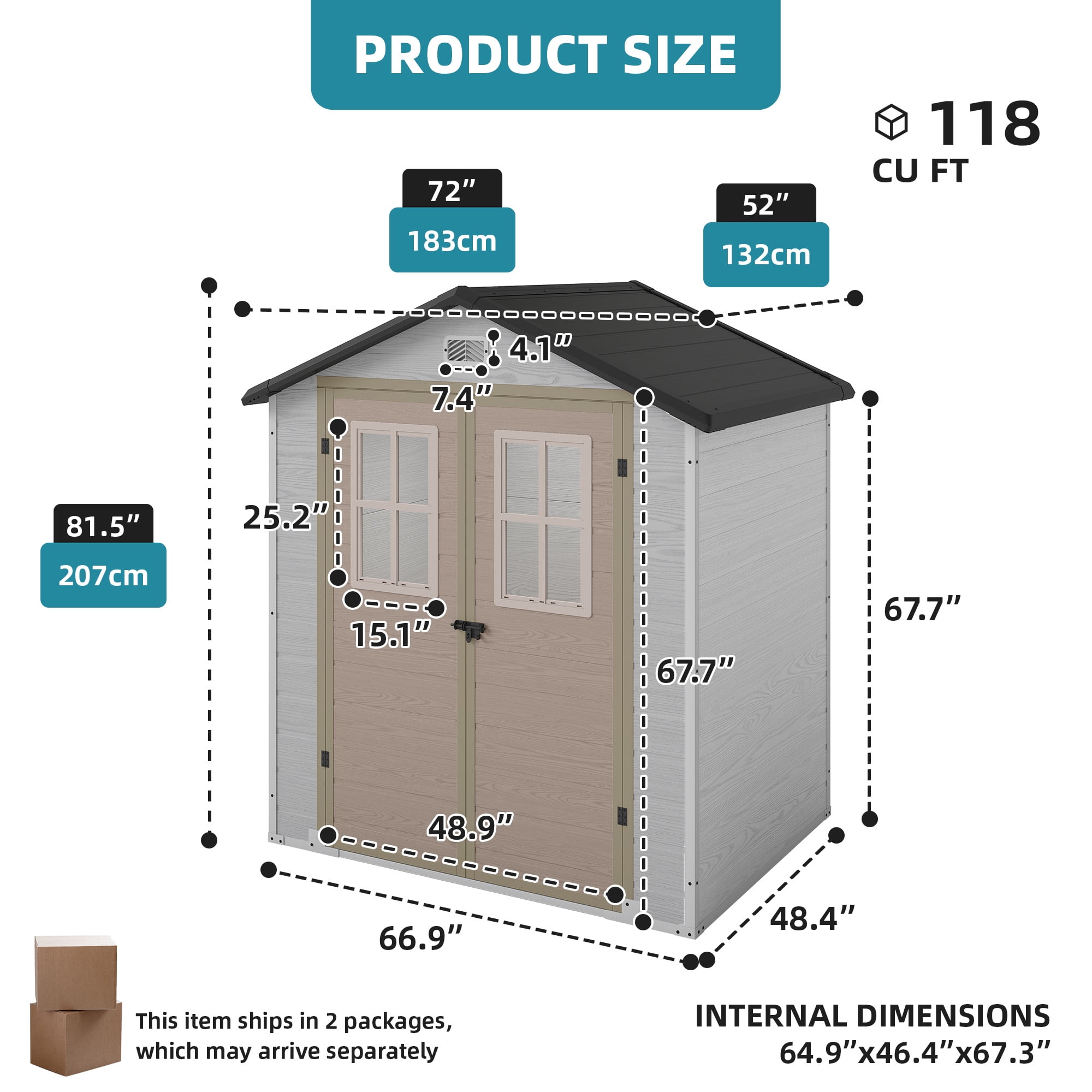Uforic 6x4.4 FT Double-Wall Resin Outdoor Storage Shed, Plastic Garden Tool Shed with 2 Windows & Lockable Door, Waterproof Storage House for Lawn Mower, Backyard Patio Lawn, Greige & Gray