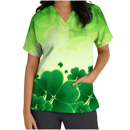 

St Patricks Day Scrub Tops Women Shamrocks Printed Nurse Uniform T-Shirt Casual Short Sleeve V Neck Medical Workwear