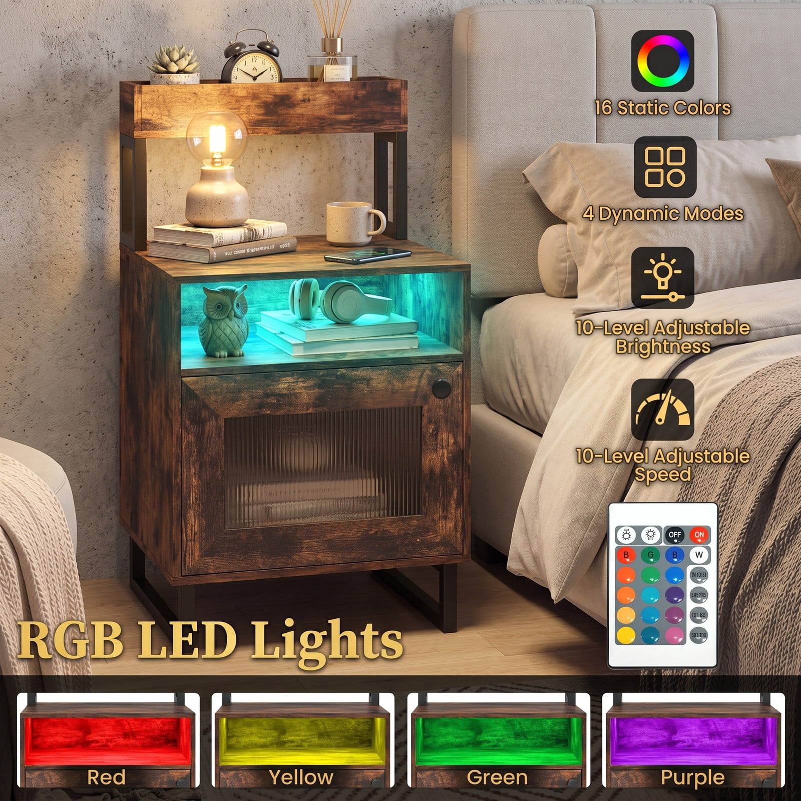 Furnibear Nightstand with LED Lights and Fluted Glass Cabinet Door plus Open Compartment and Raised Shelf for Bedroom, Rustic Brown