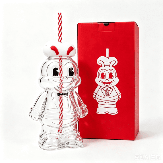 2026 Jollibee Mascot Jolly Glass Tumbler - 3D Character Shaped Drinkware with Red Striped Straw & Gift Box for Iced Coffee & Cold Drinks