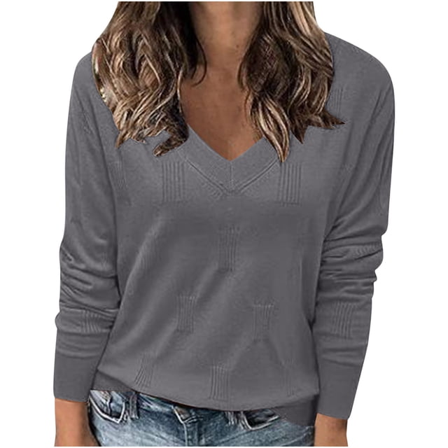 Timegard Tops for Women Long Sleeve V-Neck Comfy Solid Color Tee Shirts Fall Casual Loose Tops Blouse