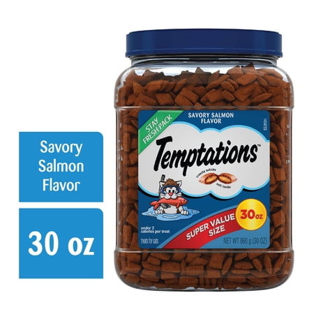 TEMPTATIONS Classic Crunchy and Soft Cat Treats Savory Salmon Flavor, 30 oz. Tub