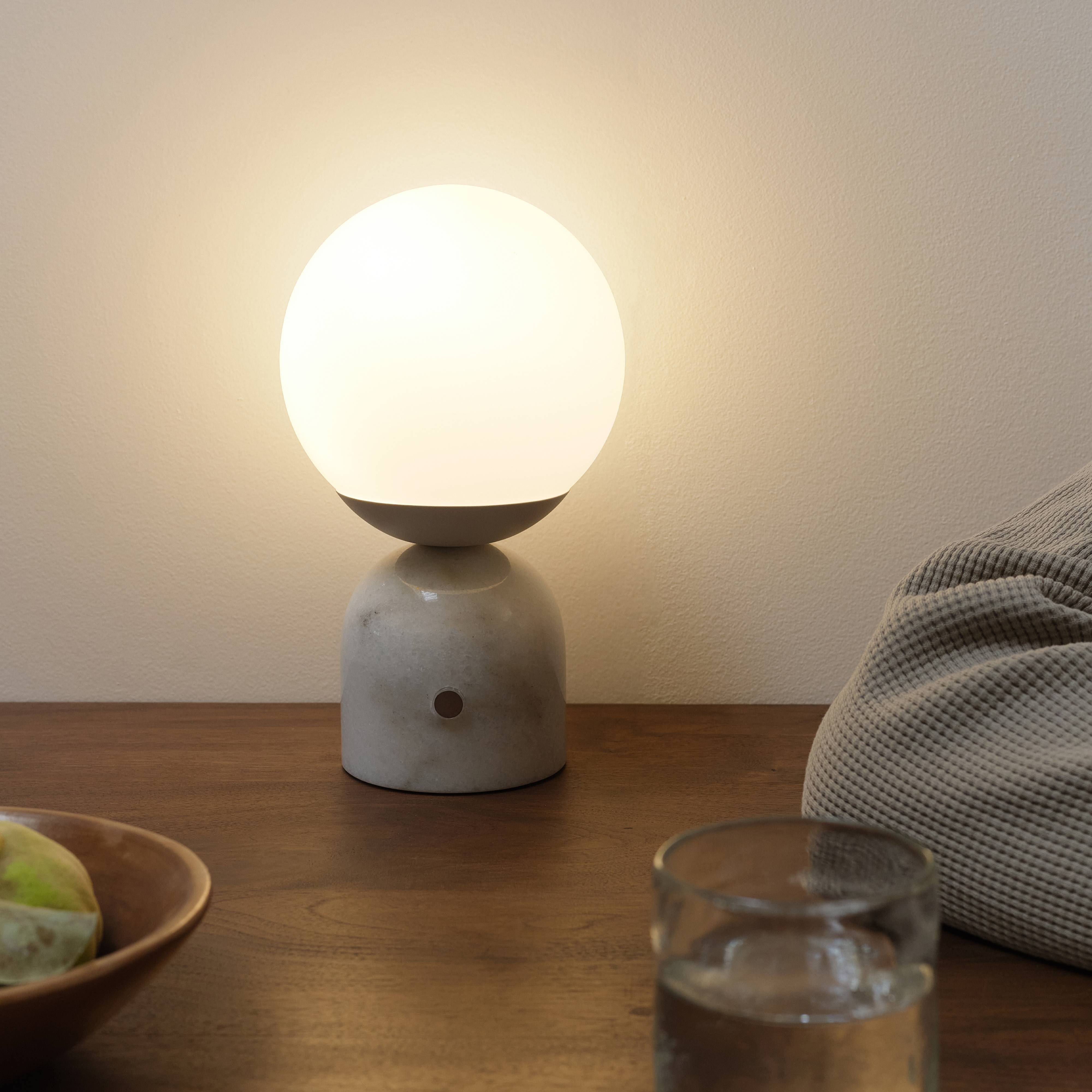 Brightech Mila LED Table Lamp - Bedside Reading Light with Elegant Marble Base, Modern Desk Lamp, Nightstand Lamp with Ambient Lighting - Modern Globe Lamp Shade - White