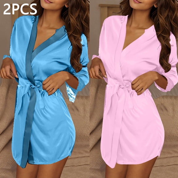 dazeni Women's 2 Pcs Short Robe Silky Satin Robes Comft Pure Color Bathrobe Bridesmaid Bride Party Kimono V-Neck Sleepwear with Belt Pink Free Size