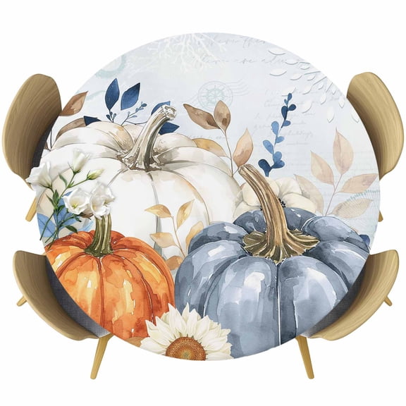 Fall Blue Pumpkins Round Tablecloth, Fitted Table Cover with Elastic for 45"-54" Round Tables, Thanksgiving Eucalyptus Leaves Autumn Table Cloth Outdoor Indoor Dinning Party Waterproof Tablecloths