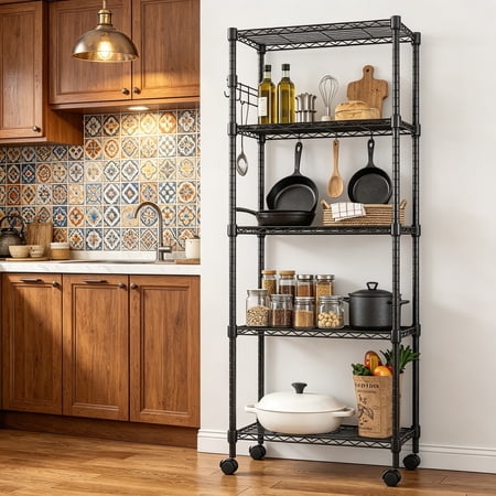 5-Tier Wire Shelving Unit on Wheels, Adjustable Heavy Duty Metal Shelves with Side Hooks, Metal Organization Wire Rack for Kitchen, Garage, Basement, 13"L x 23"W x 72"H, Black