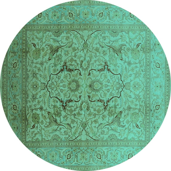 Ahgly Company Machine Washable Indoor Round Oriental Turquoise Blue Industrial Area Rugs, 5' Round