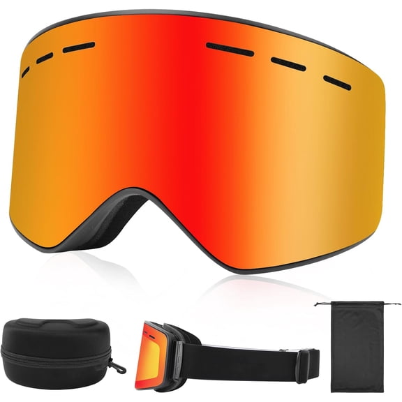 Ski Snowboard Goggles, OTG Anti Fog Interchangeable Magnetic Lens, UV Protection