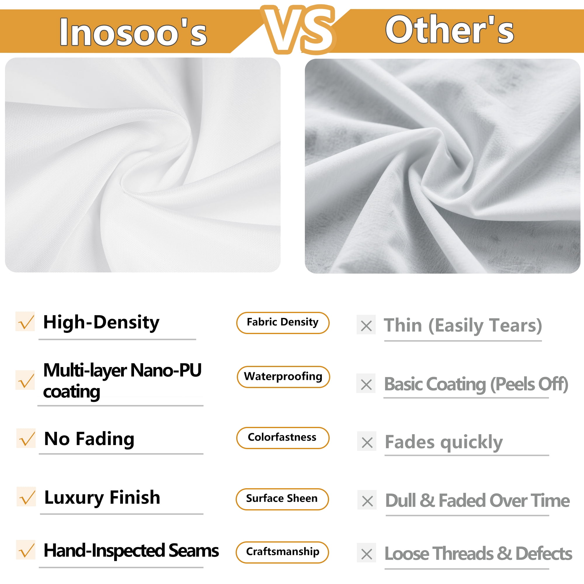Inosoo Fabric Shower Curtain Liner, 72"W x 84"H Waterproof Shower Liner with Hooks, Extra Long Cloth Shower Curtain, Mildew Resistant & Machine Washable, White