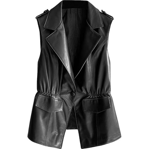 Women's Genuine Sheepskin Notched Lapel Collar Leather Sleeveless Black Vest