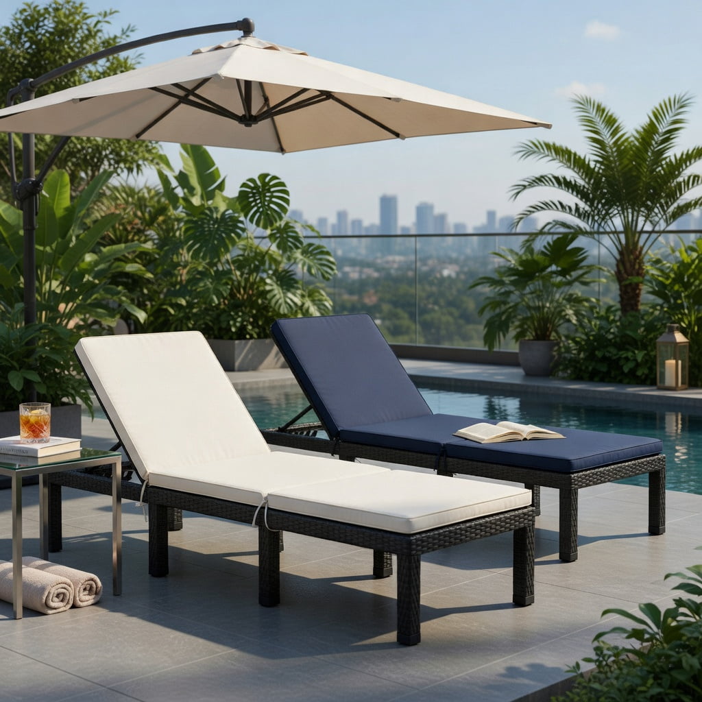 Hommoo Adjustable Height Outdoor Rattan Lounge Chair with Cushion, PE Wicker Patio Chair for Poolside, Garden & Porch, Navy & Off-White