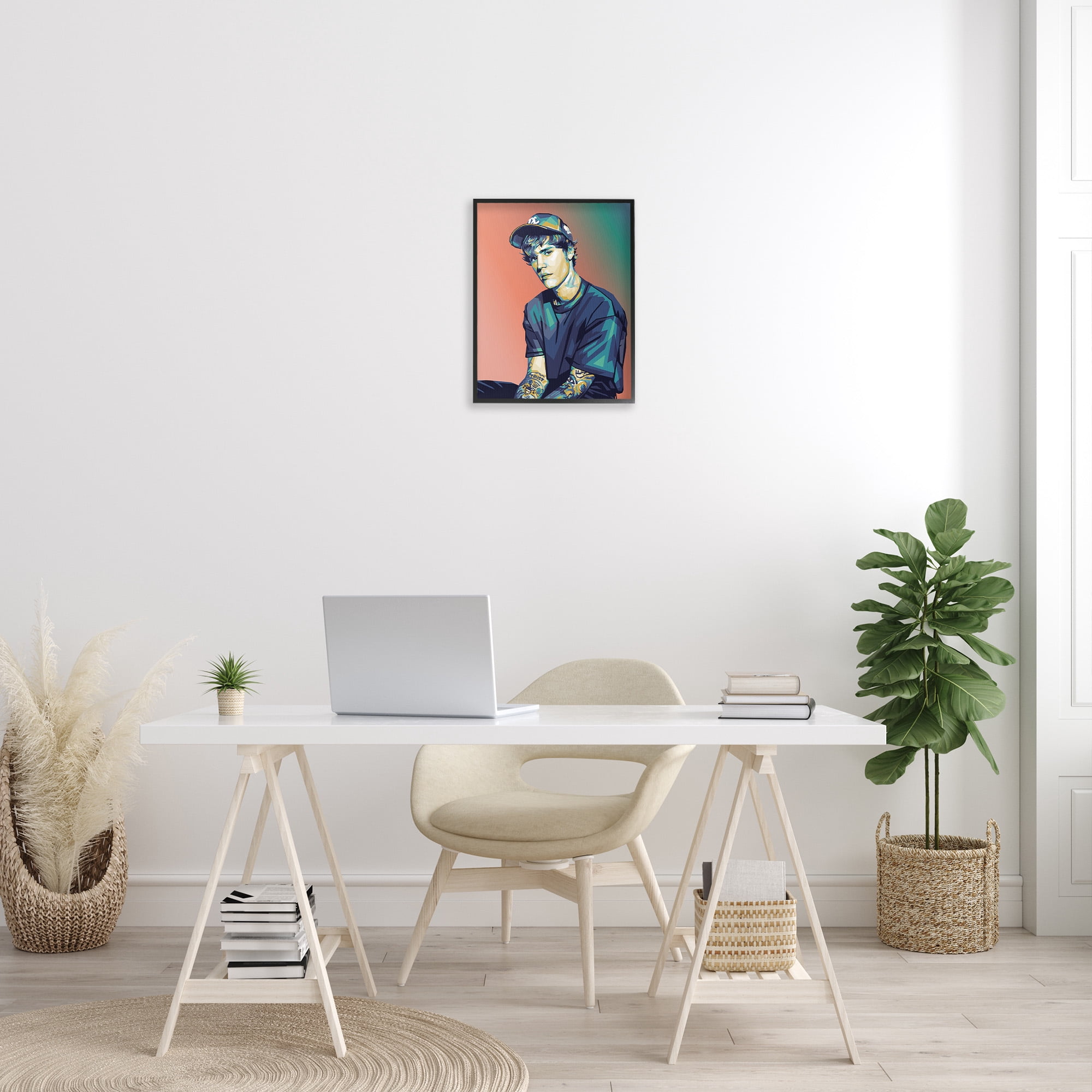 Stupell Industries Justin Portrait with Hat Abstract Painting Black Framed Art Print Wall Art, 16 x 20