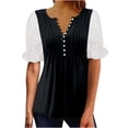 thumbnail image 1 of Plebaso Hauts d'Été pour Femmes Patchwork Dentelle Manches Courtes Tunique Décontractée Boutonnée Col en V Blouses Habillées, 1 of 6