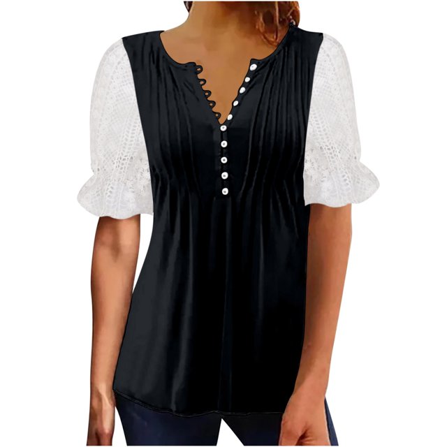 Plebaso Hauts d'Été pour Femmes Patchwork Dentelle Manches Courtes Tunique Décontractée Boutonnée Col en V Blouses Habillées