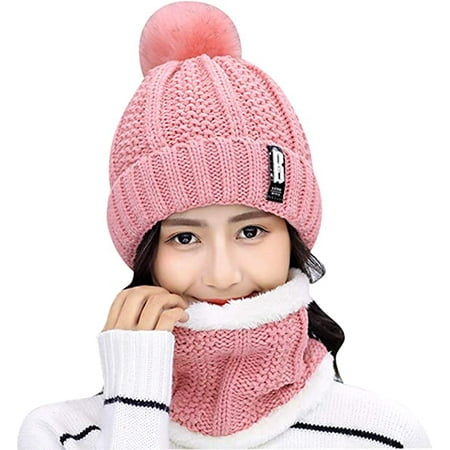 Bonnet femme en laine rose avec pompon et doublure polaire - La