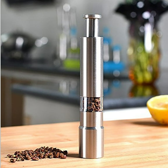 Manual Press Type Household Pepper Grinder, Modern Design Thumb Grinder, for Black Pepper, Sea Salt and Himalayan Salt, Spice and Salt, Silver