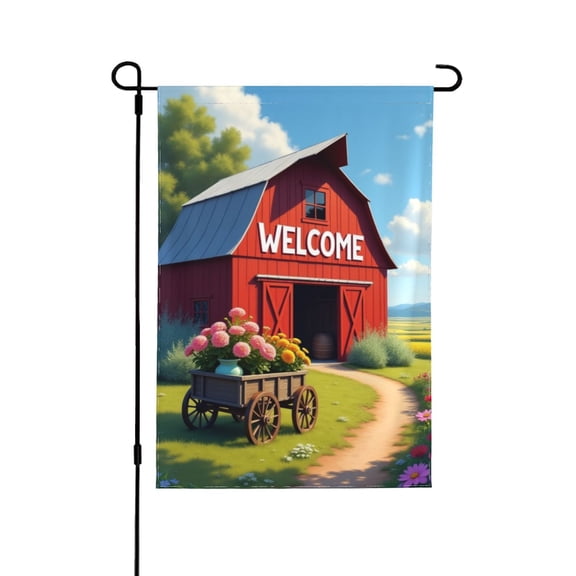 Welcome Farmhouse Garden Flag 12x18 Inch Double Sided Red Barn Flowers Spring Summer Yard Outdoor Decoration