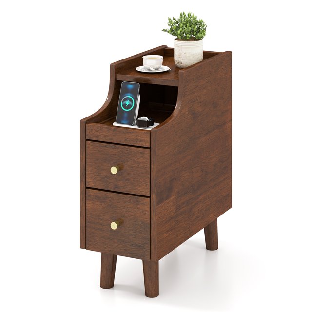Gymax Solid Wood End Table w/ Pull-out Tray & 2 Storage Drawers Cable Management
