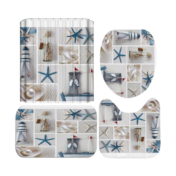 CSCHome Most Popular 4 Psc Maritime Beach Shower Curtain Sets with Shower Curtain Bath mat,Toilet Lid Cover and U Shape Mat