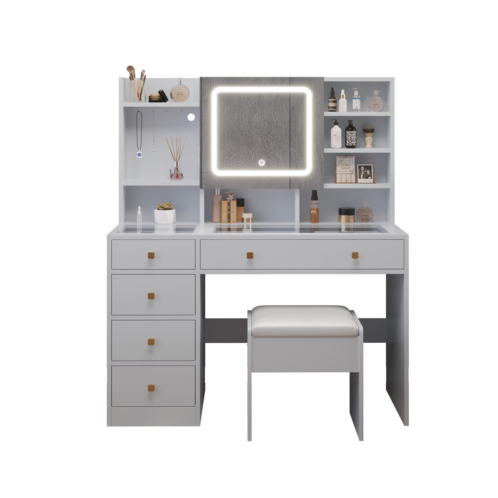 5-Drawer Dressing Table Set with Shelves and Hooks Dressing Table with Power Strip LED Three-Tone Mirror and Tempered Glass Desktop Vanity Set with Textured Melamine Finish 47.24*15.75*53.54in White