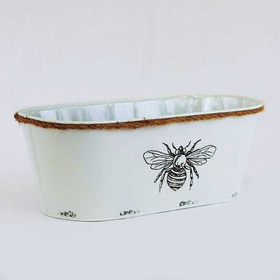 White With Bee Design And Rope Accent Planter