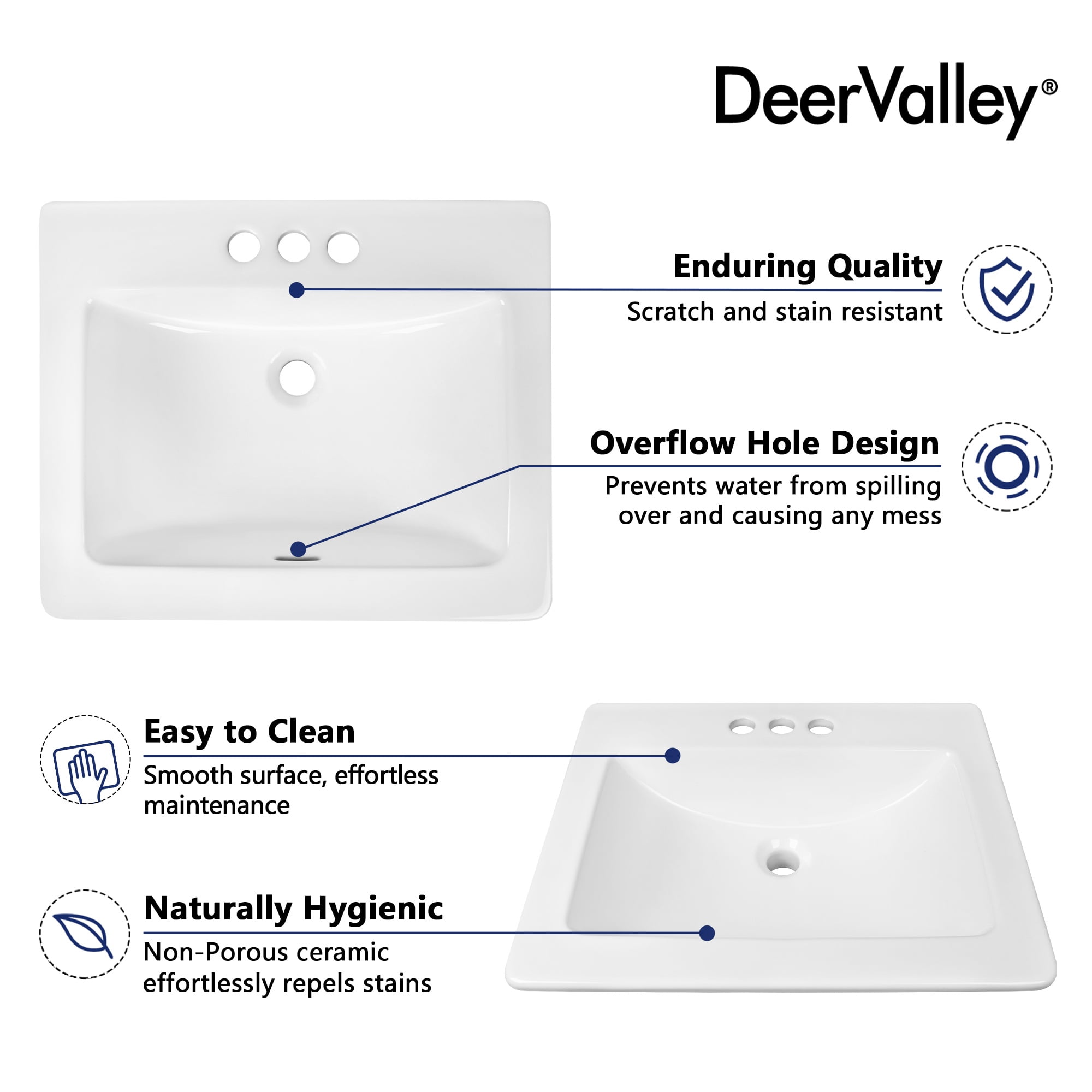 DeerValley DV-1DS0122 21" x 18" White Rectangle Vitreous China Drop In Bathroom Sink With Overflow