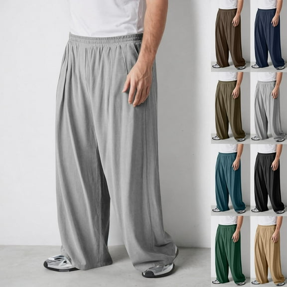Axiiglly Mens Casual Pants Elastic Waist Long Pants Soft Cotton Linen Pants Oversize Wide Leg Pants Loose Baggy Beach Pant with Pockets L