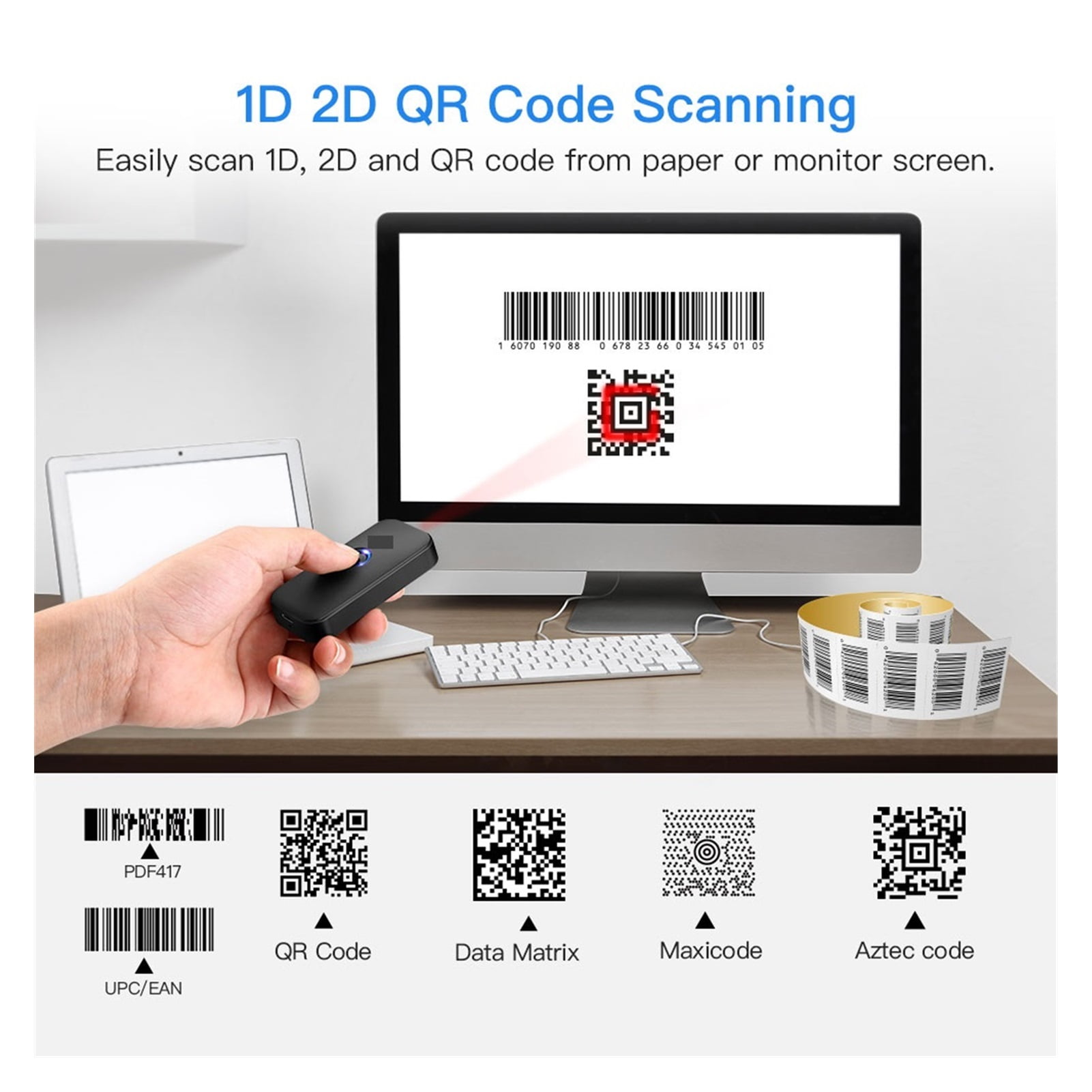 Mini 1D/2D QR Barcode Scanner 2.4G Wireless&amp;Bluetooth Bar Code Reader Portable 1D QR Image Scanner ,Easy to Operate