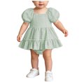 thumbnail image 4 of Fesfesfes Baby Toddler Girls Plaid Puff Sleeve Romper Dress with Bow Headband, Cute Summer Short Sleeve Onesie Bodysuit Outfit for Daily Wear Kids 0-18 Months Old., 4 of 9