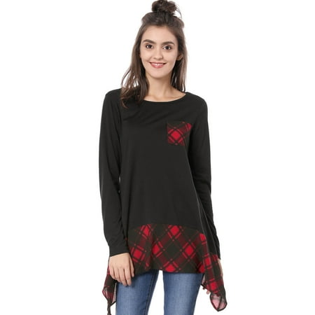 Ladies Tunic Tops with Asymmetrical Hem Unique Bargains Women s Plaid Panel Asymmetrical Hem 