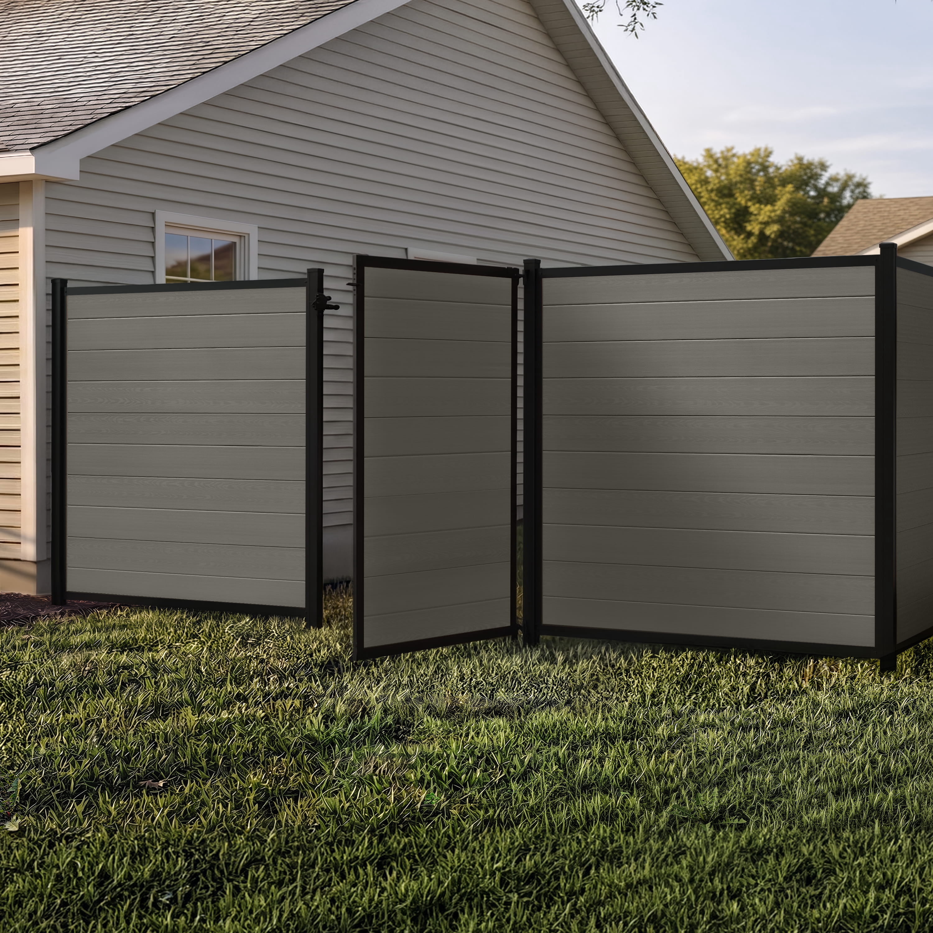 6ft H x 4ft W WamBam Privacy Fence Gate, Composite Fence Gate Kit with Aluminum Frame, Woodgrain Boards, No-Dig Install, UV Resistant Outdoor Gate for Backyard Patio or Pool, Slate Grey BL19115