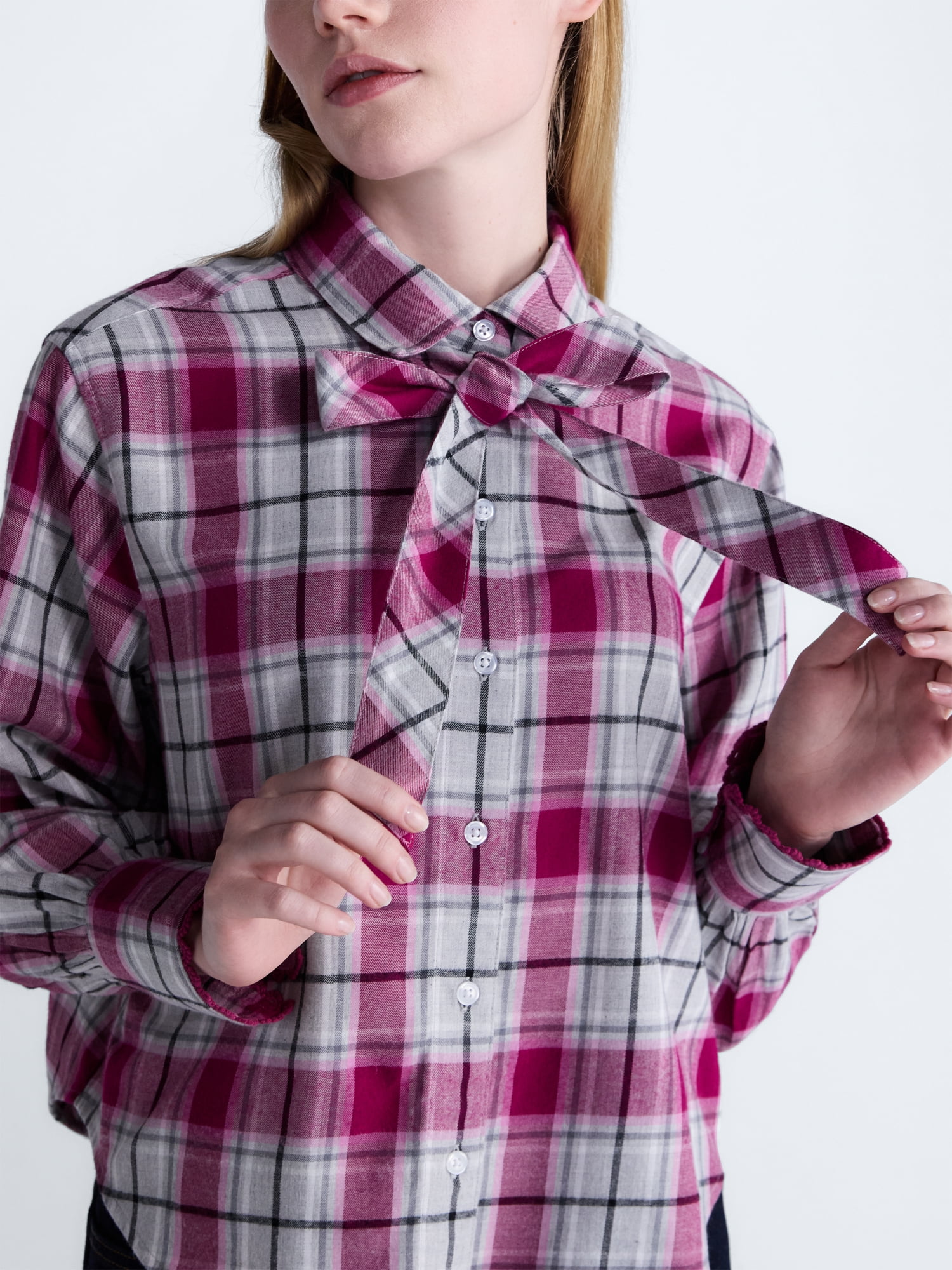 Scoop Women's and Women's Plus Plaid Bow Shirt, Sizes XS-4X