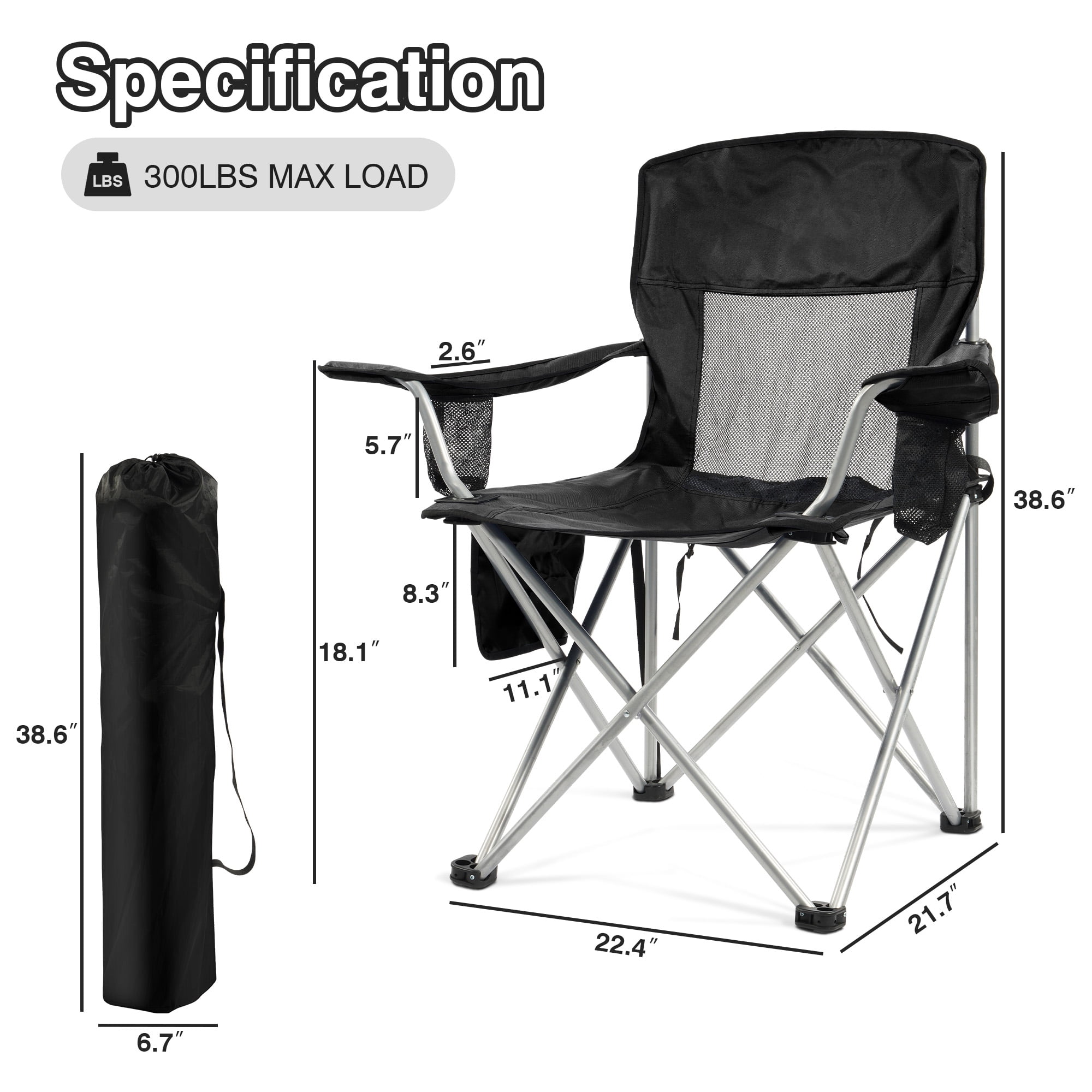 FlexWave Folding Camp Chair，Portable Outdoor Chair，with Cup Holder & Carrying Bag，for Camping, Beach, Fishing, and Sports Events