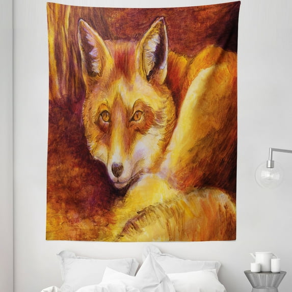 Fox Tapestry, Monochromatic Fox Resting Painting Style Display Vibrant Animal Art, Fabric Wall Hanging Decor for Bedroom Living Room Dorm, 5 Sizes, Burnt Sienna Orange, by Ambesonne
