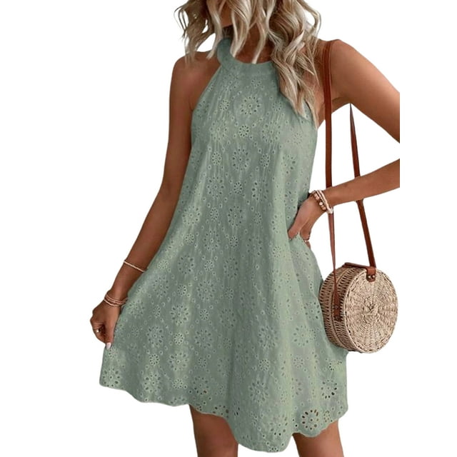 Fashnice Robe Mini pour Femme à Col Licou Robes Courtes Sans Manches Été Plage Robe d'Été Décontractée Voyage Vert Foncé TG