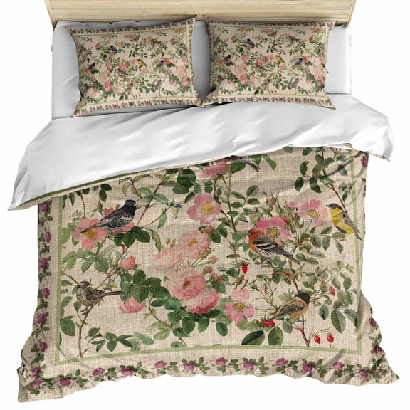 Beige Spring Floral Bedding 3 Piece Duvet Cover Set Full Size, Elegant Pastoral Flowers Birds Watercolor Microfiber Comforter Cover with Zipper Closure & Pillowcases, FadeResistant Quilt Cover