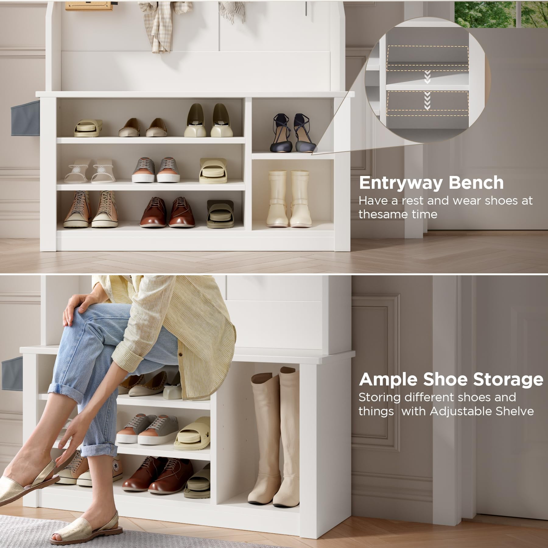 Lofka 5 in 1 Hall Tree with Bench Shoe Storage Coat Rack Free Standing Wooden Shelves White Walmart