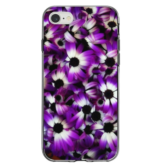 DistinctInk Clear Shockproof Hybrid Case for iPhone 7 8 SE (2020 Model) 4.7" Screen TPU Bumper Acrylic Back Tempered Glass Screen Protector - Purple White Black Flowers