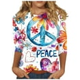 thumbnail image 1 of Aboser Peace Sign Hippie Shirts for Women 3/4 Length Sleeve Tops Fashion Floral Graphic Tees Loose Fit Comfy Clothes Vintage Hippie Costume Clothes, 1 of 4