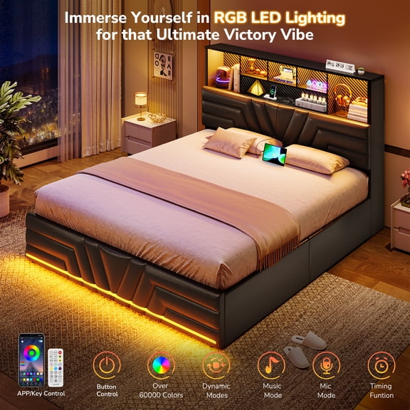 Queen Size Bed Frame with Bookcase Storage Headboard, RGB Lights and Charging Station, Esports-Style Queen Upholstered Platform Beds with 4 Drawers, No Box Spring Needed, Black