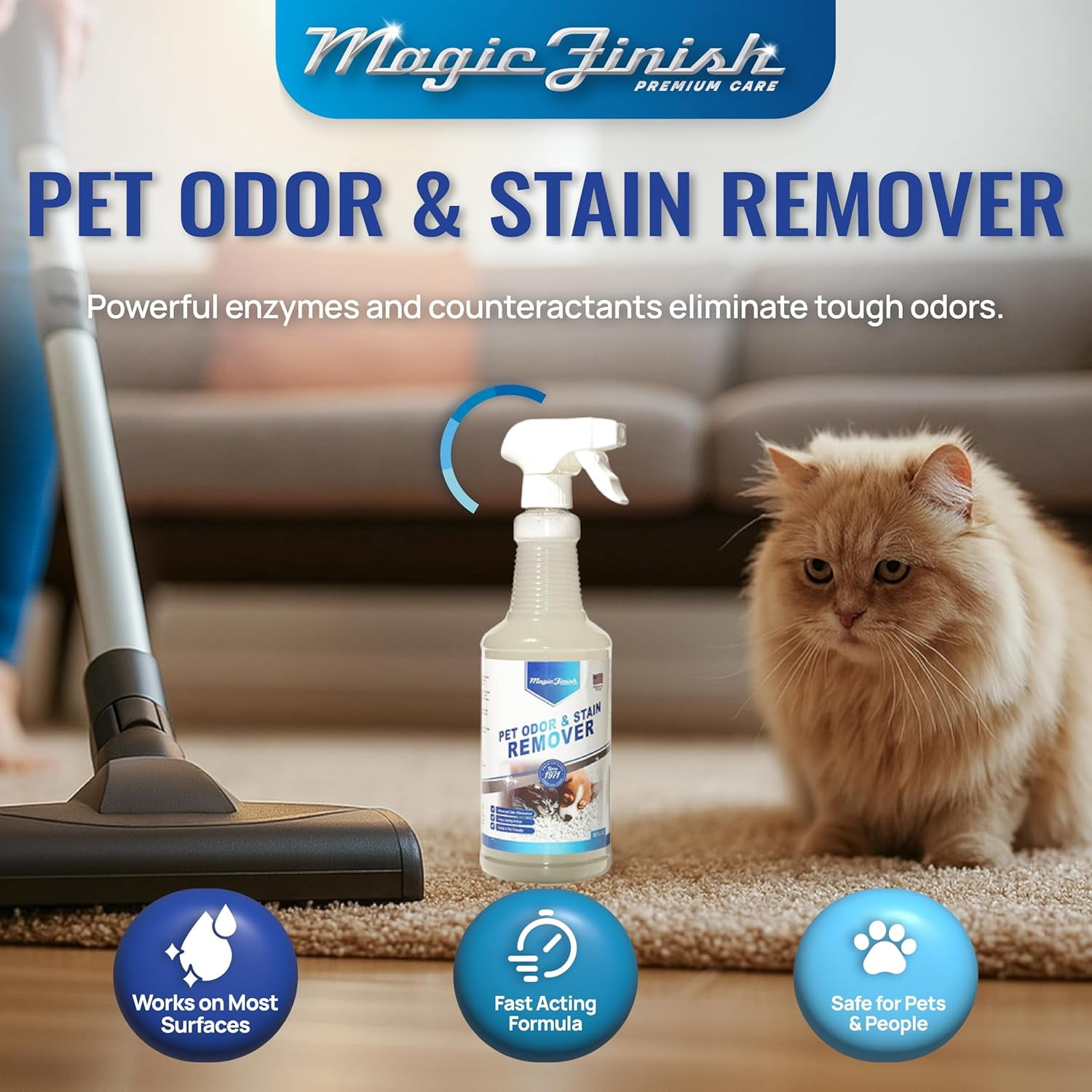 Pet Odor & Stain Remover (32 oz) – Enzyme Cleaner for Dog & Cat Urine, Vomit, and Messes – Kid & Pet-Friendly Rug & Multisurface Upholstery Deodorizer with Apple Blossom Scent