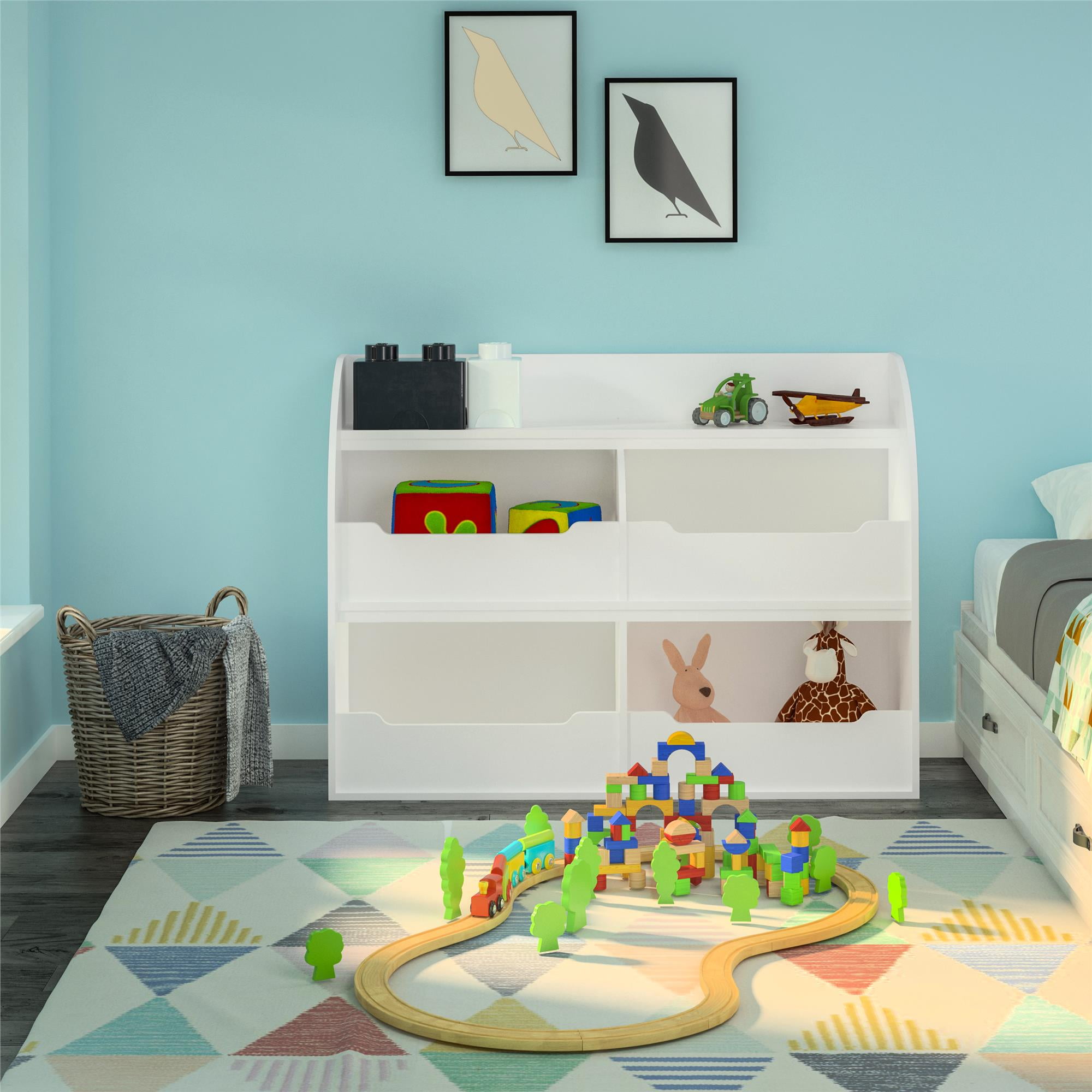 toy storage bookcase with tubs