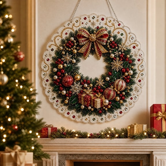 Summercome Christmas Pearl Diamond Art, DIY Diamond Painting Hanging Pendant Suncatcher Ornament, Handmade Holiday Rhinestone Gem Craft Crystal Pearl Bead Wall Window Decor Gifts - Wreath