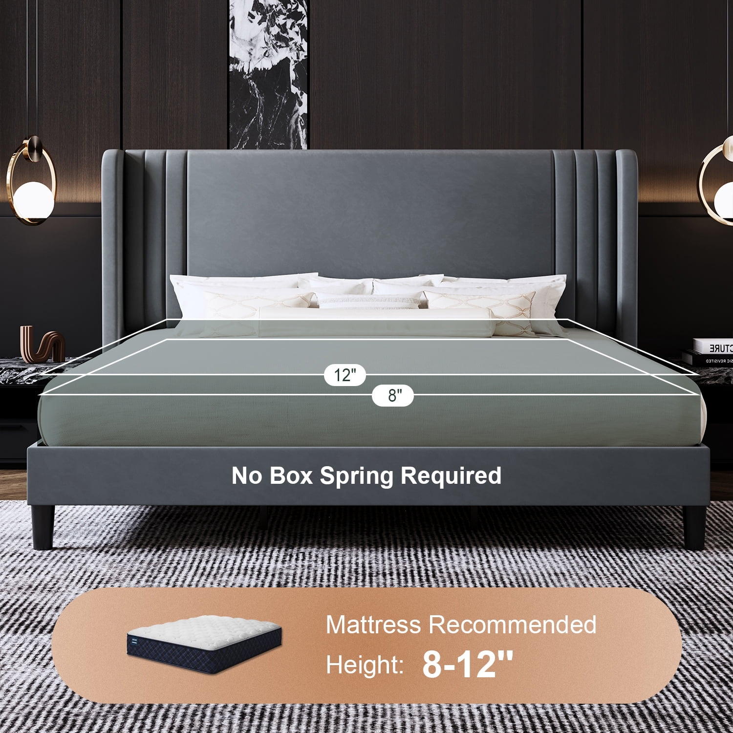 Amolife King Size Bed Frame, Velvet Platform Bed with Upholstered Wingback Headboard, No Box Spring Needed, Gray