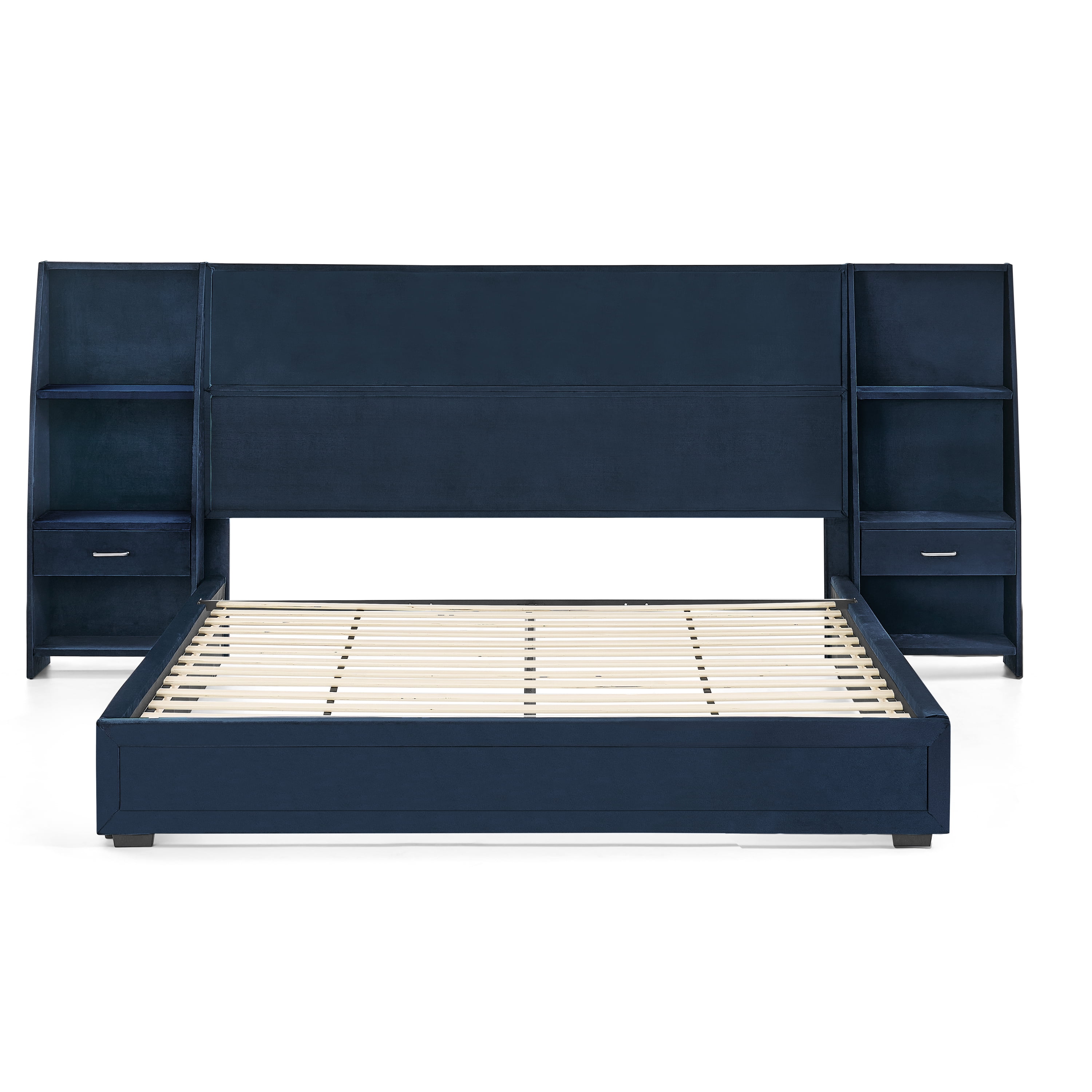 Queen Size Platform Bed Frame with Glossy Velvet Headboard, Side Bookcases & Drawer