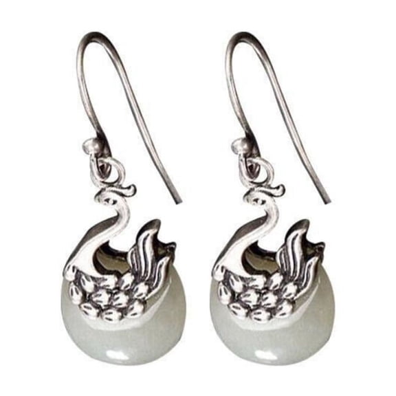 White Jade Peacock Earrings Women Natural Stone Jewelry Gemstone